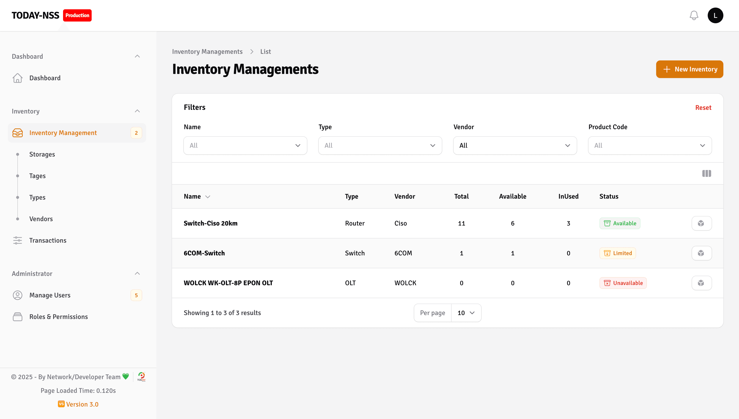 Network stock management inventory dashboard