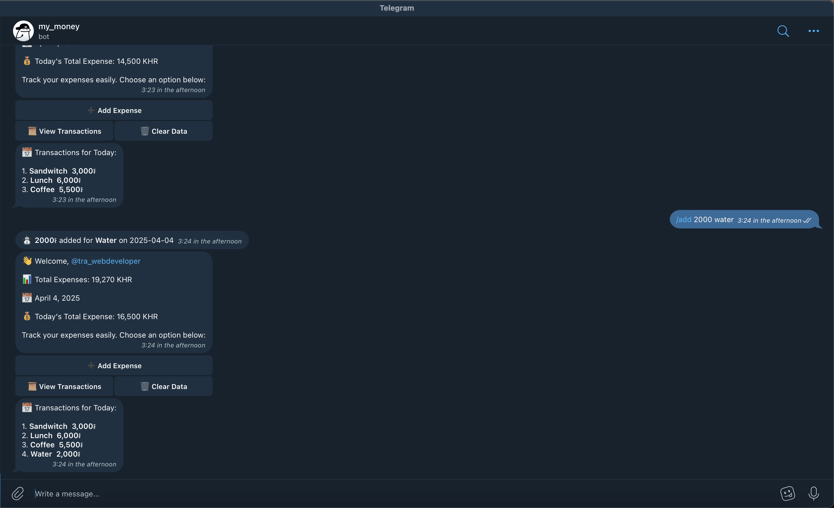 Telegram expense-tracking bot conversation